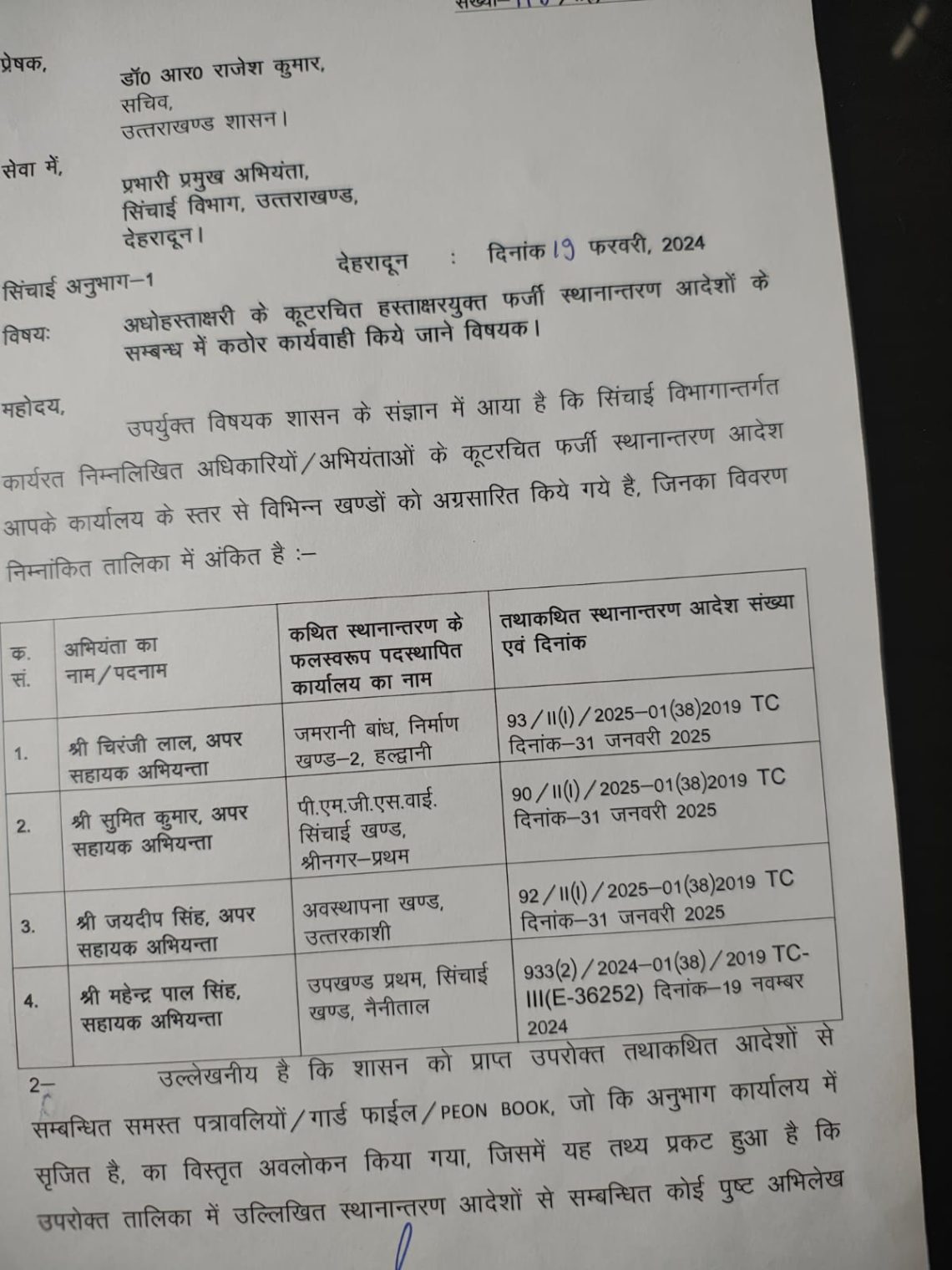 बड़ी खबर : फर्जी हस्ताक्षरों से ट्रांसफर मामले में सिंचाई सचिव ने दिए कठोर कार्रवाई और एफआईआर के आदेश